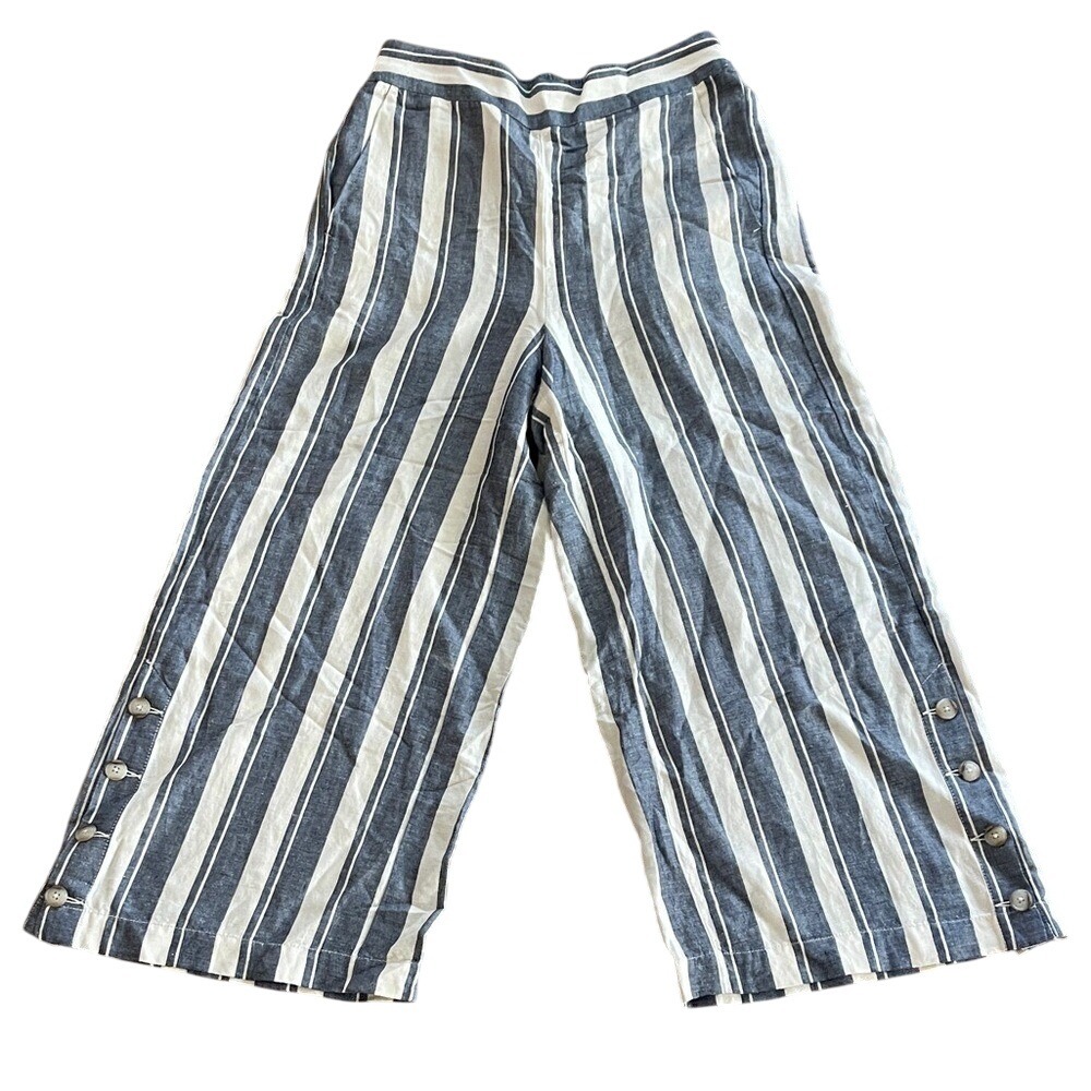 Madewell Chambray and Ivory Striped Linen Blend Wide Leg Pants Small‎